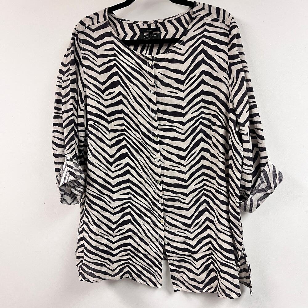 Women's plus size Tahari 100% Linen animal print roll sleeve button down tunic